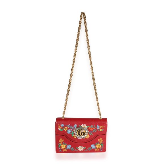 Gucci Red Leather Linea Ricami Floral Embroidered Bag - Picture 4 of 8